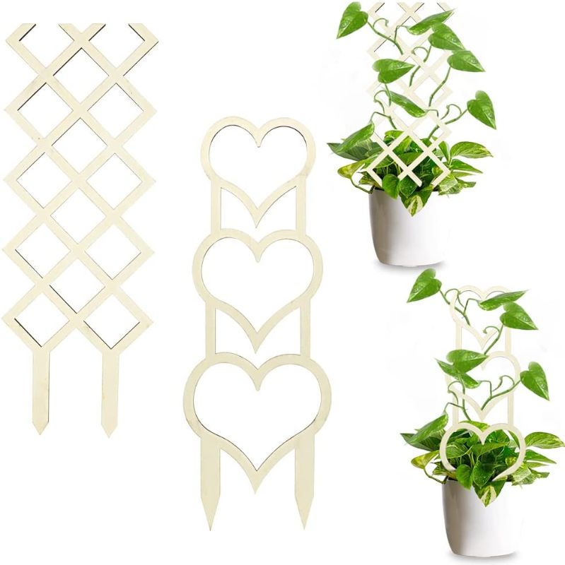Photo 1 of 2 Pack Small Trellis for Potted Climbing Plants,Wood Heart and Diamond Shape Trellises Holders for Flowers Vegetables,DIY Pole Stake Indoor Outdoor
