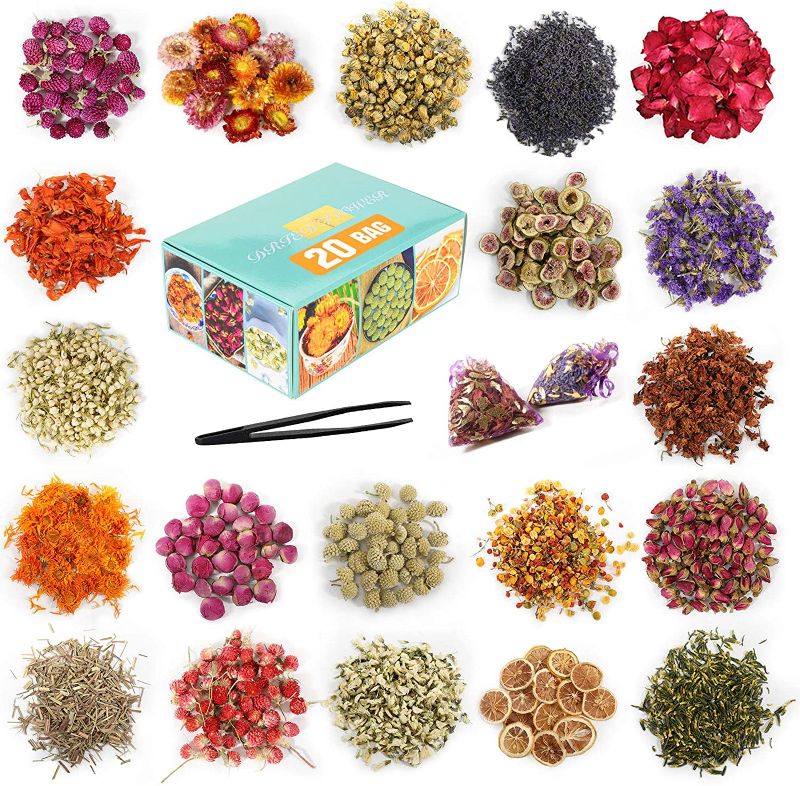 Photo 1 of 20 Bags Dried Flowers,100% Natural Dried Flowers Herbs Kit for Soap Making, DIY Candle Making,Bath - Include Rose Petals,Lavender,Don't Forget Me,Lilium,Jasmine,Rosebudsand More
