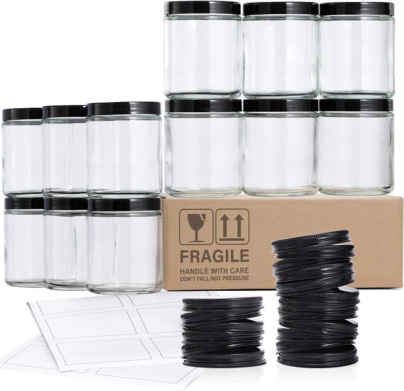 Photo 1 of 12 Pack, 8 OZ Thick Glass Jars with Lids, Clear Round Candle Jars with 12 Metal Lids & 12 Plastic Lids - Empty Food Storage Containers, Canning Jar For Spice, Powder, Liquid, Sample - Dishwasher Safe
