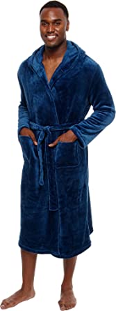 Photo 1 of Ross Michaels Mens Robe with Hood - Soft Warm 320 GSM Mid Length Bathrobe - Plush Shawl Collar Fleece Bath Robes for Men, Small Medium
