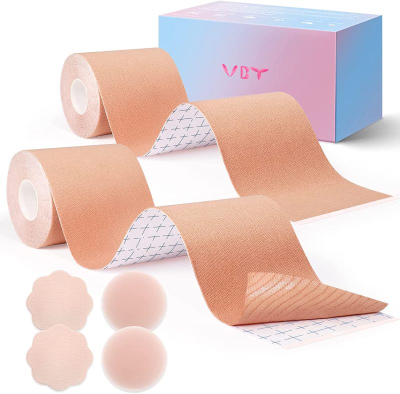 Photo 1 of 2 Pack Boob Tape - Breast Lift Tape, Body Tape for Breast Lift w 2 Pcs Silicone Breast Petals Reusable Adhesive Bra& 2 Pcs Fabric Nipple Covers, Bob Tape for Large Breasts A-G Cup, Nude
