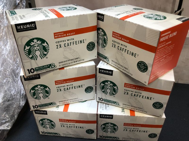 Photo 1 of Starbucks Medium Roast K-Cup Coffee Pods with 2X Caffeine — for Keurig Brewers, 50 pods  Count  exp date 06/2022
