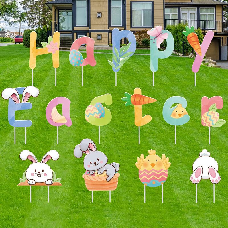 Photo 2 of DECORLIFE 15 PCS Easter Yard Signs, Waterproof Happy Easter Yard Sign, Cute Bunny, Chick, Eggs, Easter Garden Stakes for Egg Hunt, Spring Holiday, Outdoor Lawn Decorations
