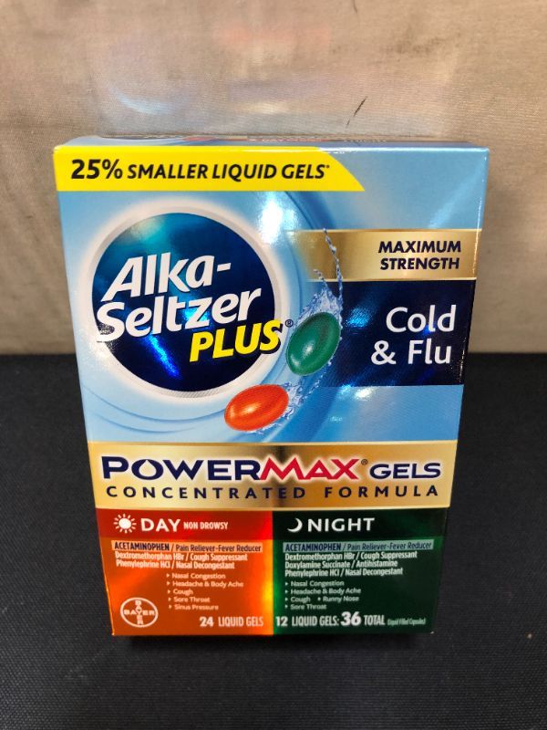 Photo 3 of Alka-seltzer Plus Cold & Flu, Power Max Cold and Flu Medicine, Night, For Adults with Pain Reliever, Fever Reducer, Cough Suppressant, Nasal Decongestant, Antihistamine, 36 Count BB - 7/2022
