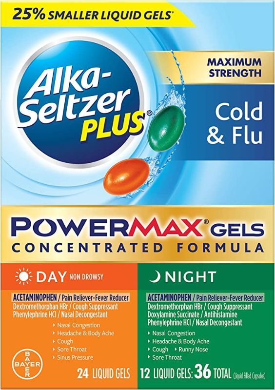 Photo 1 of Alka-seltzer Plus Cold & Flu, Power Max Cold and Flu Medicine, Night, For Adults with Pain Reliever, Fever Reducer, Cough Suppressant, Nasal Decongestant, Antihistamine, 36 Count BB - 7/2022
