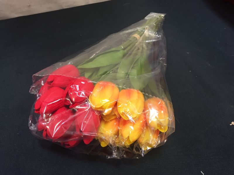 Photo 1 of 20 Pcs Artificial Tulip Flowers Red and Orange Faux Tulip Stems Real Touch PU Tulips for Easter Spring Wreath Wedding Bouquets Table Centerpiece Floral Arrangement Memorial Day Cemetery Décor 14" Tall
