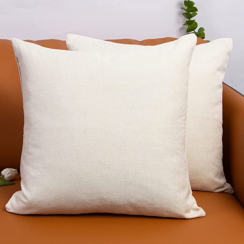 Photo 2 of 18x18 inches Outdoor Pillow Covers Set of 2, Square Cotton Linen Pillow Cases, Farmhouse Pillow Covers for Couch Sofa Home Decor (Beige)
