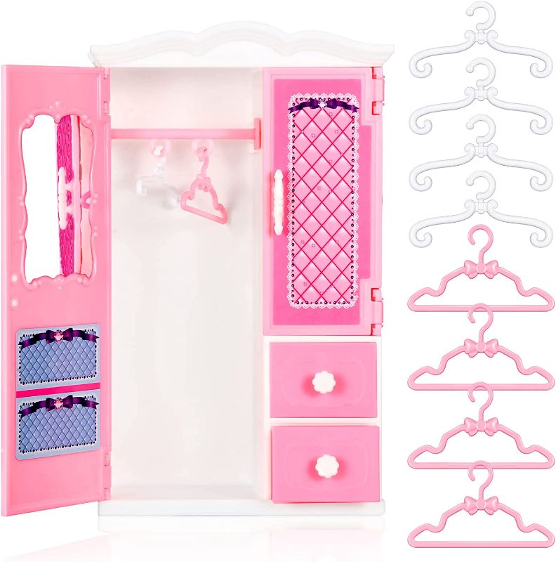 Photo 1 of 9 Inch Doll Closet Furniture Gift Pink and White Armoire Closet with Bow Knot Open Closet Dollhouse Wardrobe Organizer Accessories Includes 1.9 Inch 5 White and 5 Pink Clothes Hangers for Kids Girls__ small 

