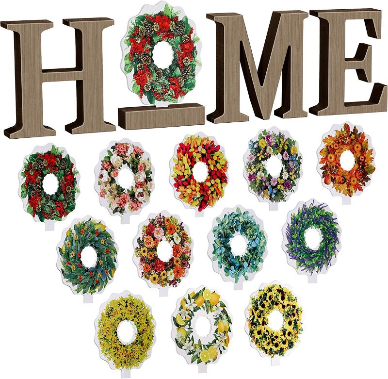 Photo 1 of Wooden Home Sign Decorative Wooden Letters with 6 Pieces Interchangeable Artificial Wreath Rustic 
