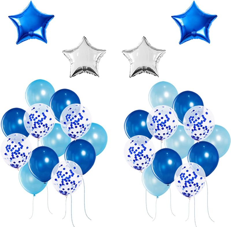 Photo 4 of 4Pcs 18 Inch Blue and Silver Star Mylar Balloons, 24Pcs 12 Inch Blue Confetti Balloons, Royal Blue and Light Blue Balloons Set for Birthday Party Decorations, Blue Party Decorations
