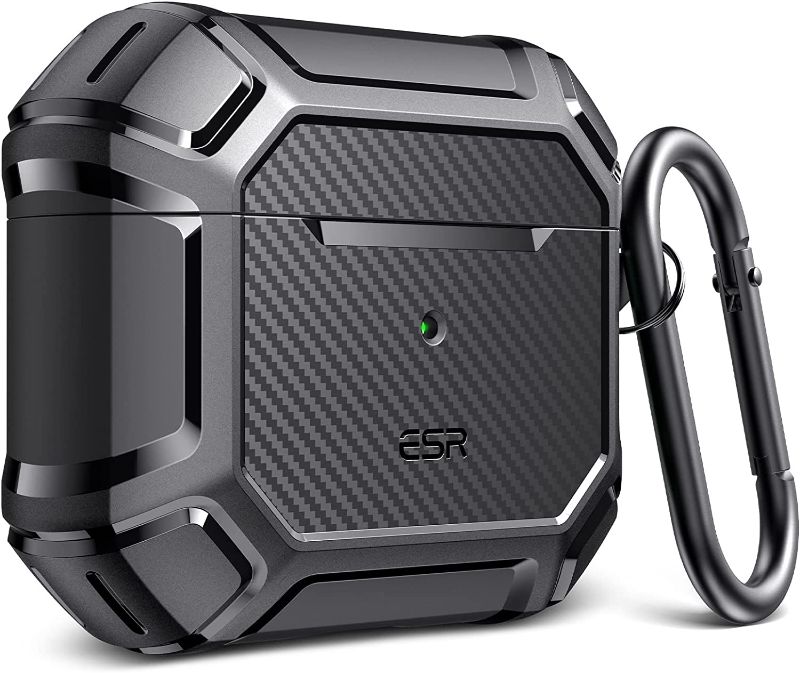 Photo 1 of ESR Tough Case Compatible with AirPods 3 Case with Carabiner, Rugged Protective Cover for AirPods 3rd Generation Case, Scratch Resistant, Drop Protection, Shock Armor Series, Carbon Black