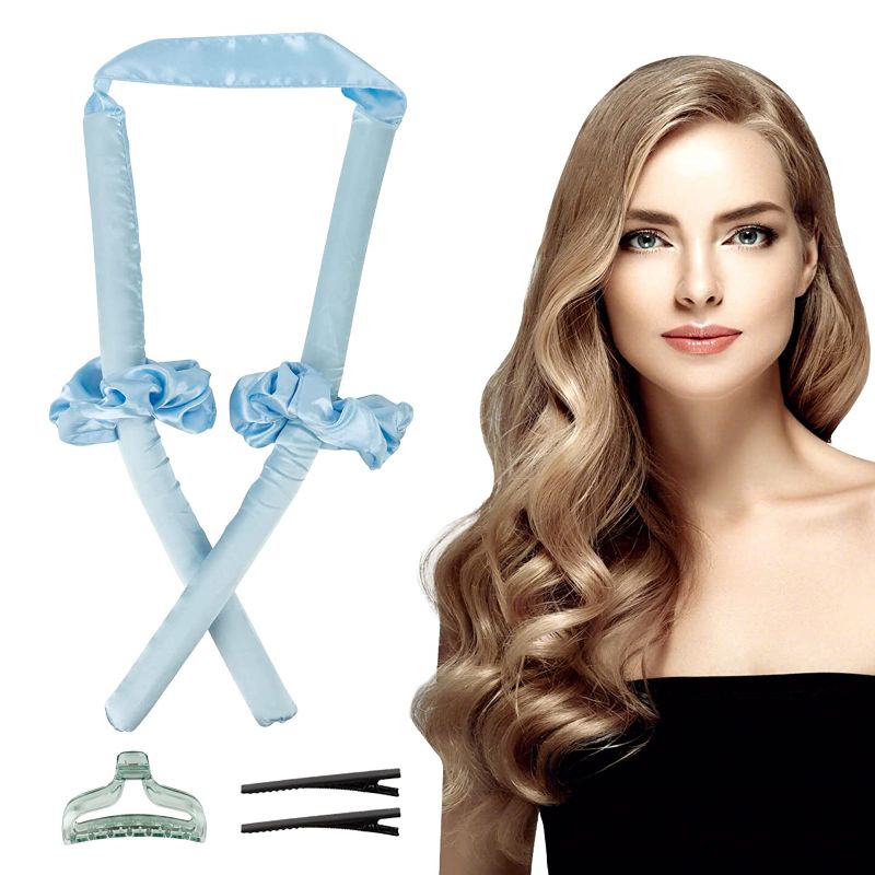 Photo 1 of Heatless Hair Curler Curling Rod Headband, No Heat Silk Curls Headband Overnight Curler w/ Hair Clips Scrunchie Hair Rollers Heatless Foam Silk Curling Ribbon Kit for Long Hair - Blue