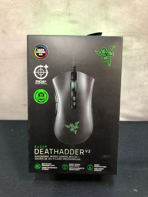 Photo 2 of Razer DeathAdder V2 Gaming Mouse: 20K DPI Optical Sensor - Fastest Gaming Mouse Switch - Chroma RGB Lighting - 8 Programmable Buttons - Rubberized Side Grips - Classic Black
FACTORY SEALED