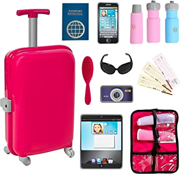 Photo 1 of Beverly Hills Doll Collection 18 Inch Doll Accessories Play Set - 16 Pcs American Doll Suitcase Travel Set Luggage Carrier with Sunglasses, Passport, Tickets, Camera, Pad, Phone, Hairbrush, and More
