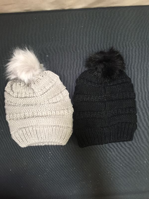 Photo 2 of 2 Pack Toddler Kids Winter Warm Fleece Lined Beanie Hats for Boys and Girls Crochet Hairball Knit Cap (1-6 Years)
