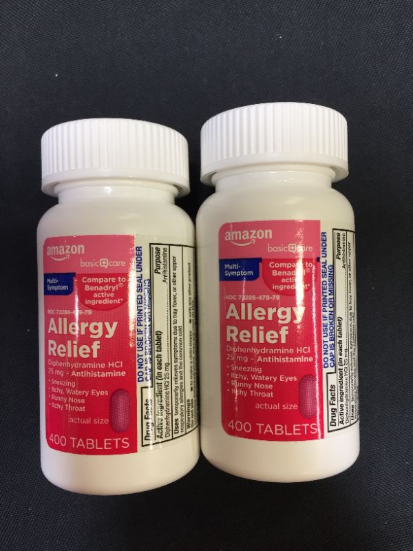 Photo 2 of Amazon Basic Care Allergy Relief Diphenhydramine HCl 25 mg, Antihistamine Tablets for Symptoms Due to HIGH Fever and Upper Respiratory Allergies, 400 Count
2 PACK
EXP 05.2023