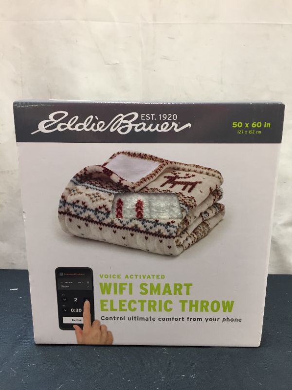 Photo 1 of Eddie Bauer | Smart Heated Electric Throw Blanket - Reversible Sherpa - Hands Free Control - Wi-Fi Only (2.4GHz) - Compatible with Alexa, Google, iOS, Android - Fair Isle Silver
