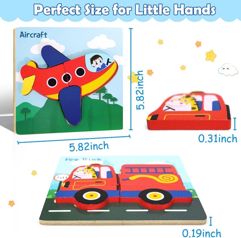 Photo 3 of 4 Pack Wooden Puzzles for Toddlers 1-3, Traffic Shape Montessori Toys for 1 2 3 Year Old 
