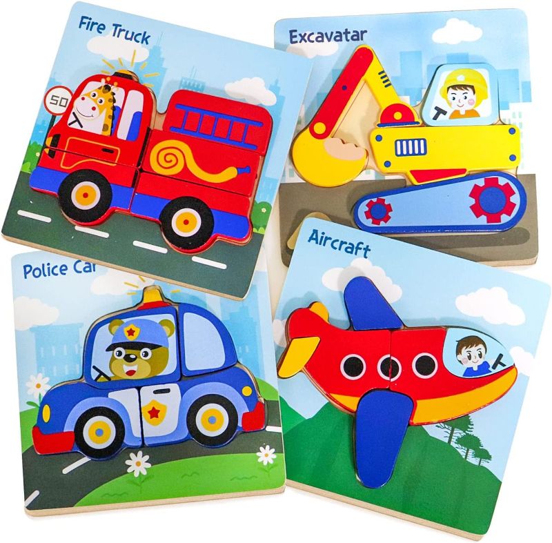 Photo 1 of 4 Pack Wooden Puzzles for Toddlers 1-3, Traffic Shape Montessori Toys for 1 2 3 Year Old 
