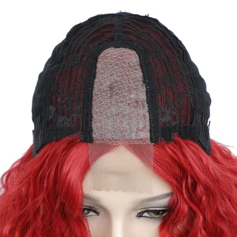 Photo 3 of 12" Red Curly Wig Synthetic Curly Wig Short Wavy Bob Lace Front Wigs Fake Scalp Curly Lace Wig Shoulder Length Middle Part Lace Front Wigs for Women?Girls?2126 Red#)
