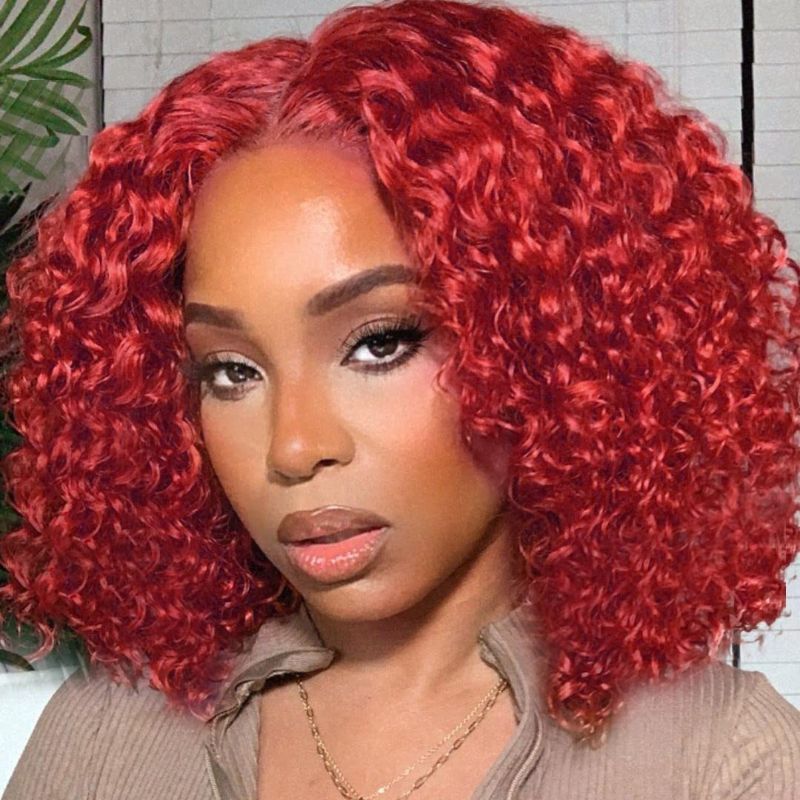 Photo 1 of 12" Red Curly Wig Synthetic Curly Wig Short Wavy Bob Lace Front Wigs Fake Scalp Curly Lace Wig Shoulder Length Middle Part Lace Front Wigs for Women?Girls?2126 Red#)
