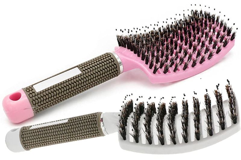 Photo 1 of 2 Pcs Curved Vented Boar Bristle Hair Brush Quick Blow Dry Brush for Women and Men, Anti-frizz Detangling Hair Brush Paddle Styling Brush Comb for Curly Straight Tangled Fine Hair, Wet or Dry Use
