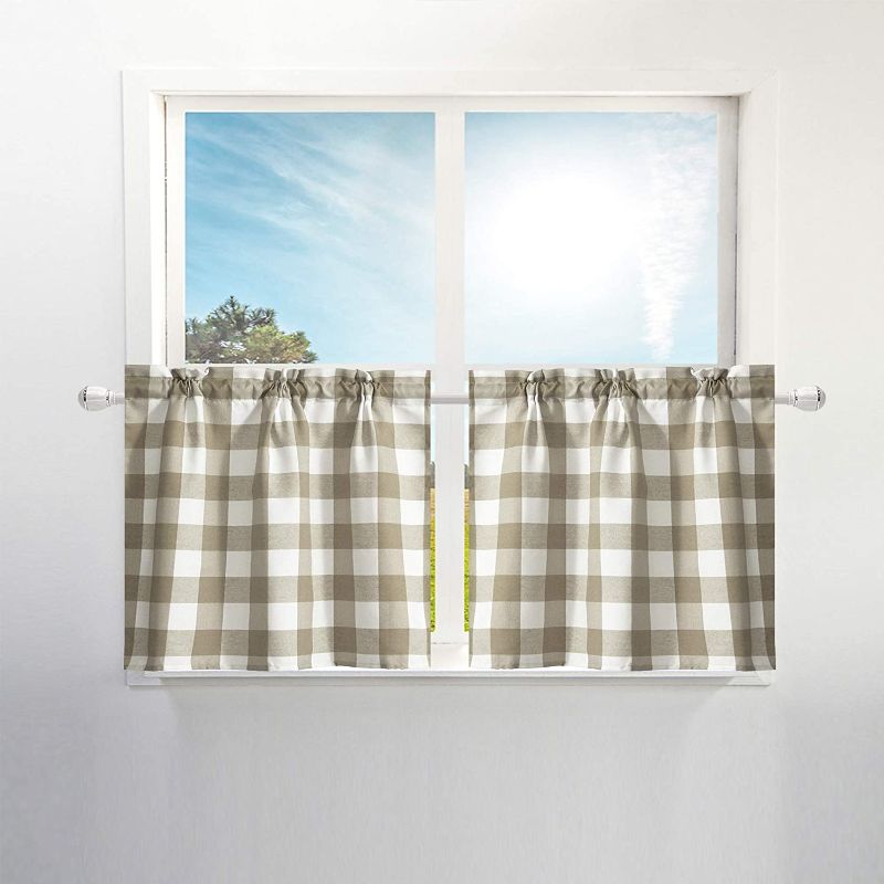 Photo 2 of Buffalo Check Window Tier Curtains: 24 Inch Short Length for Kitchen Small Cafe, 28"x24" for Each Panel, Set of 2, Linen & White
