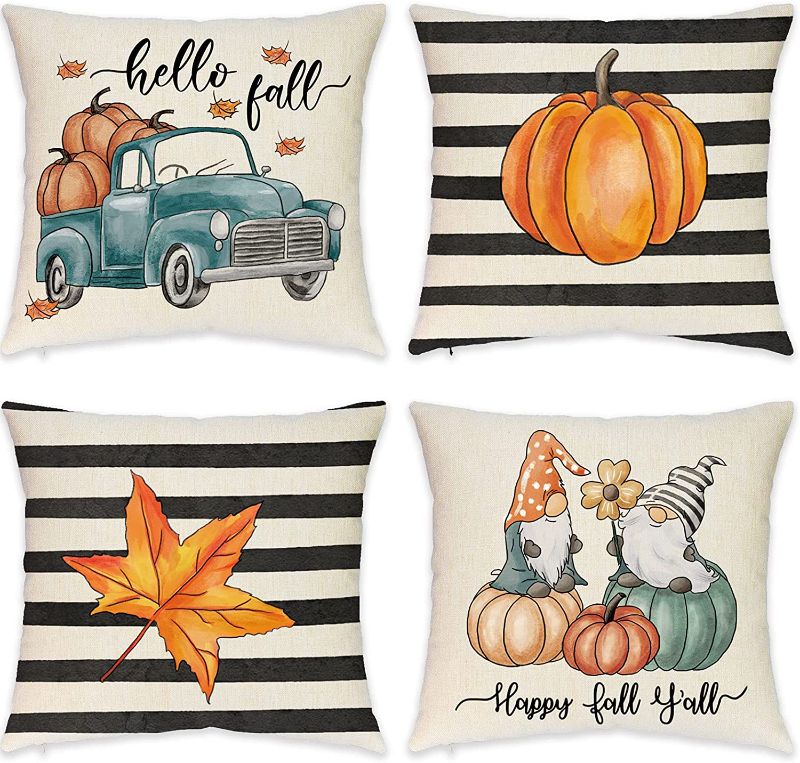 Photo 1 of Fall Pillow Covers 18x18 Set of 4,Stripes Pumpkin Maple Leaf Hello Fall Truck Gnome Decorative Throw Pillow Case for Farmhouse Fall Thanksgiving Couch Decor (18x18inch)
