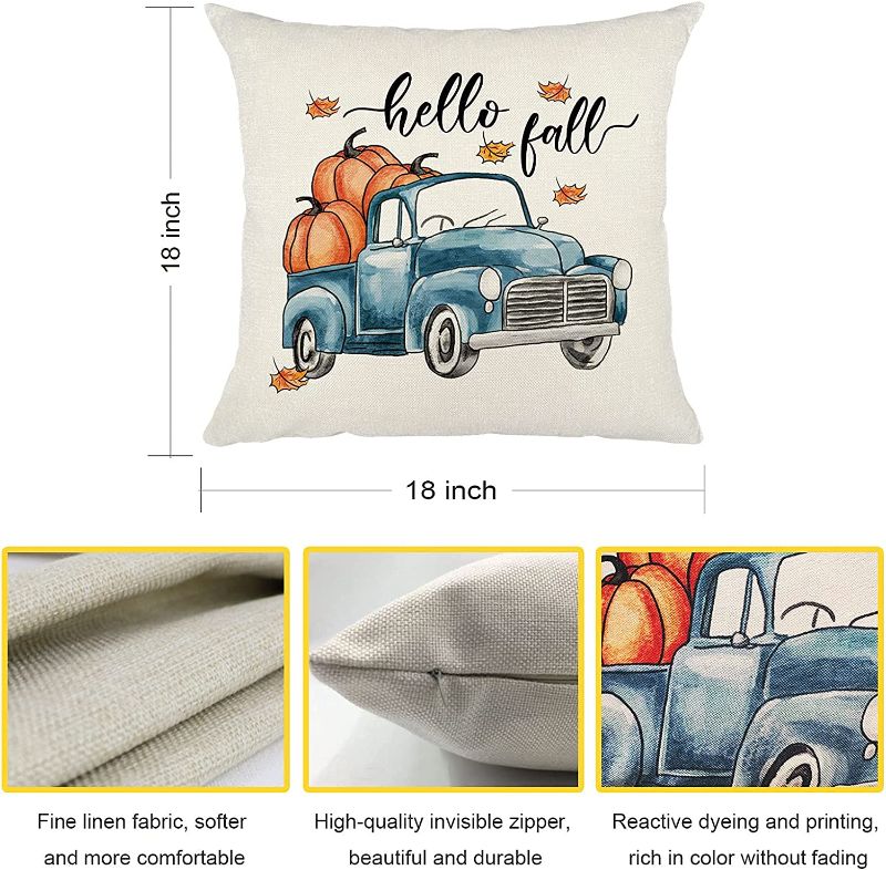 Photo 2 of Fall Pillow Covers 18x18 Set of 4,Stripes Pumpkin Maple Leaf Hello Fall Truck Gnome Decorative Throw Pillow Case for Farmhouse Fall Thanksgiving Couch Decor (18x18inch)
