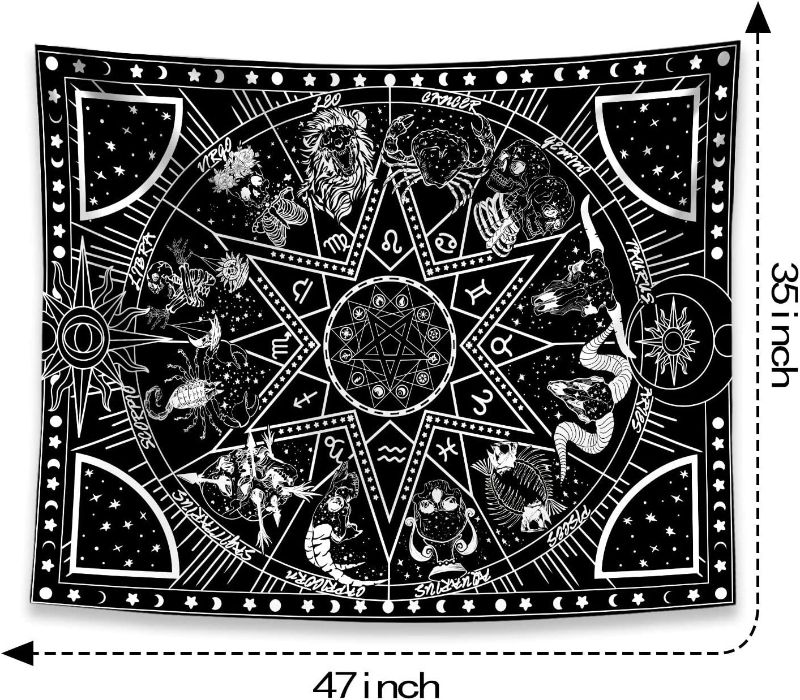 Photo 1 of Zussun 12 Constellation Tapestry Star Sun Tarot Tapestry Black and White Hippy CelestialBohemian Home Decor (35" x 47")

