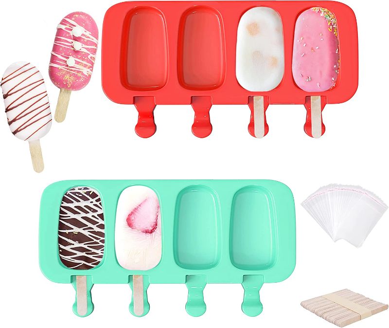 Photo 1 of 2 Pcs Upgraded Large Popsicle Molds, 4 Cavities Silicone Ice Pop Molds & Cake Pop Mold with 50 Wooden Sticks & 30 Popsicle Bags for DIY Cake and Ice Cream - Green + Red
