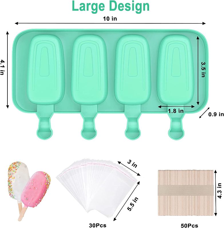 Photo 2 of 2 Pcs Upgraded Large Popsicle Molds, 4 Cavities Silicone Ice Pop Molds & Cake Pop Mold with 50 Wooden Sticks & 30 Popsicle Bags for DIY Cake and Ice Cream - Green + Red
