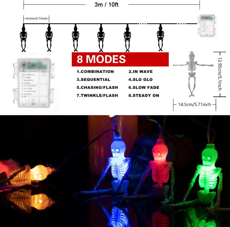 Photo 2 of BUCLA Halloween Decoration, Skeleton Skull String Lights, 8 Lighting Modes Battery Operated Indoor Outdoor String Lights, Waterproof Battery Box, (10 feet/Pack, 20 Skeletons/Pack, 2 Packs/Box)
