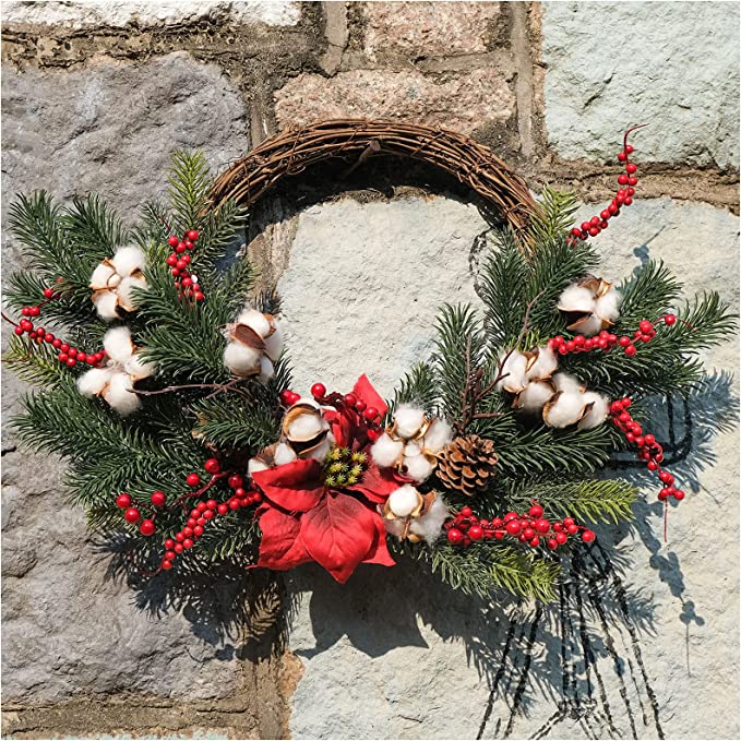 Photo 1 of Artificial Christmas Wreaths for Front Door with Mistletoe Red Berry and Cotton Farmhouse Rustic Holiday Artificial Garland Winter Home Decorations Indoor and Outside 20 Inches
