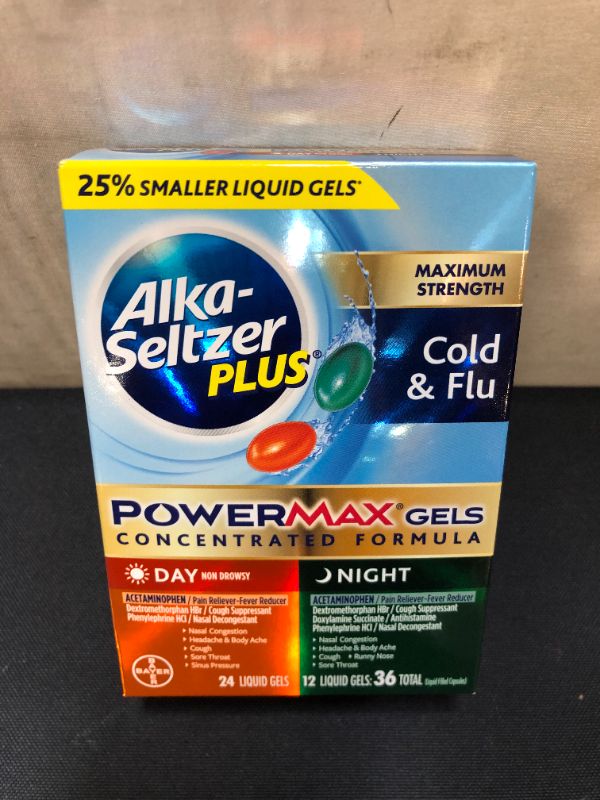 Photo 1 of Alka-seltzer Plus Cold & Flu, Power Max Cold and Flu Medicine, Night, For Adults with Pain Reliever, Fever Reducer, Cough Suppressant, Nasal Decongestant, Antihistamine, 36 Count BB - 7/2022