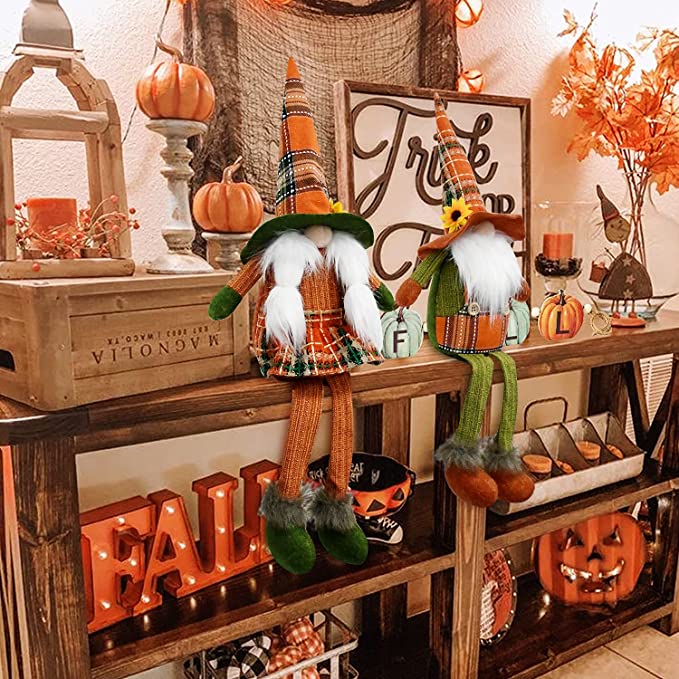 Photo 1 of 2PCS Fall Thanksgiving Gnomes Plush Elf Autumn Harvest Tomte with Sunflower Plaid Hat, Handmade Thankful Mr & Mrs Scandinavia Gnomes Nisse Elf Dwarf for Home Farmhouse Tiered Tray Decor
