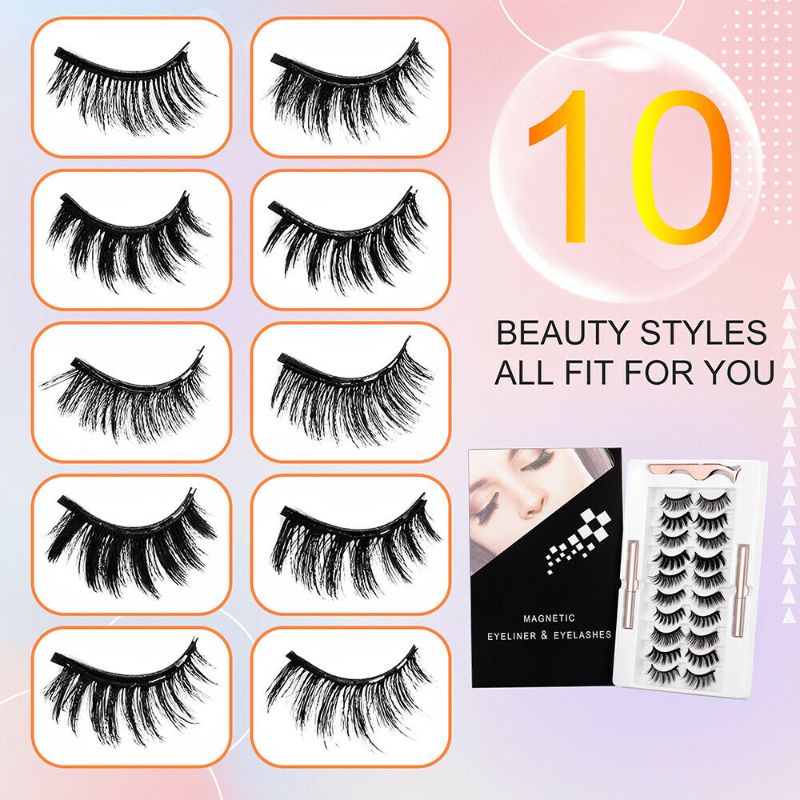 Photo 1 of 10 Pairs Of Eyelashes And 2× Waterproof Magnetic Eyeliner + Tweezers Set USA SYA
