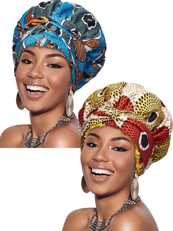 Photo 1 of 2 Pieces Satin Lined Hair Bonnet Double Layer Ankara African Print Head