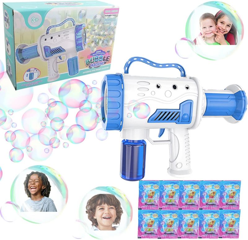 Photo 1 of Bubble Gun, LAMGUU Automatic Bubble Machine Gun for Toddlers with Led Light 1 Bottle Solution and 10 Packs Refill 5000+ Bubbles Per Minute 360° Bubbles Maker for Kids Summer Toys Birthday Gift (Blue)
