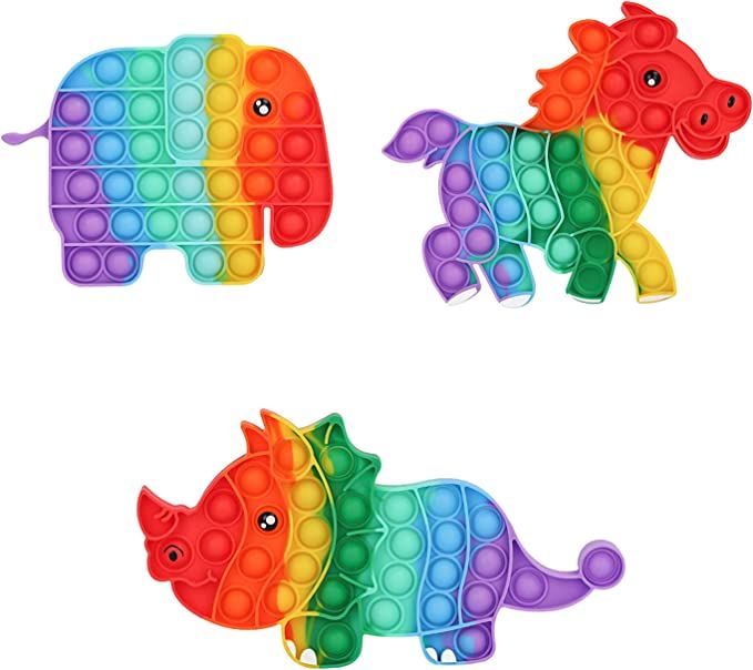 Photo 1 of 3 Pack Popits Fidget Toys Packs, Stress Reliever Silicone Sensory Toy , Rainbow Elephant Dinosaur and Horse for Kids Boys Girls Party Favor Gifts.
