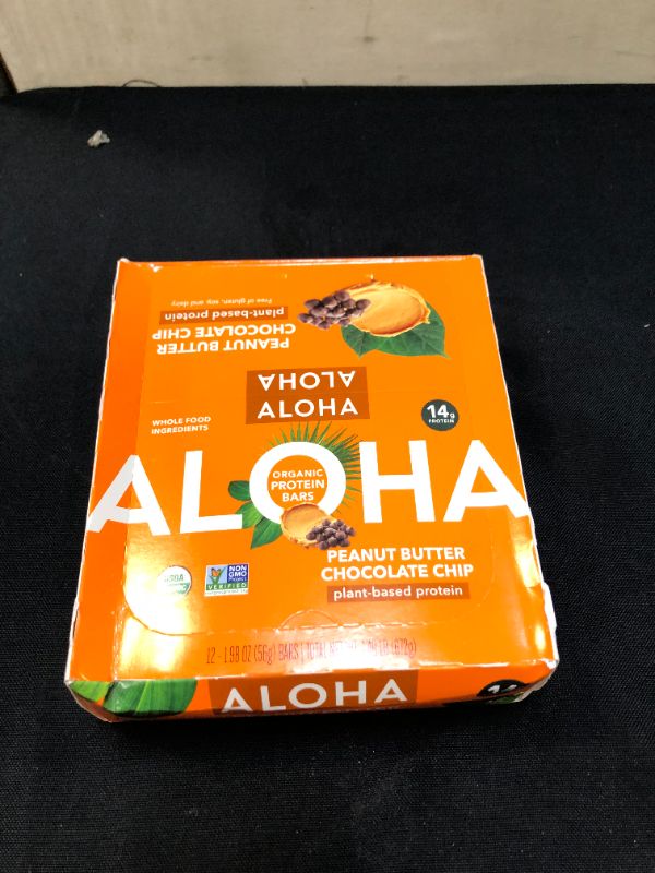 Photo 2 of ALOHA Organic Plant Based Protein Bars |Peanut Butter Chocolate Chip | 12 Count, 1.98oz Bars | Vegan, Low Sugar, Gluten Free, Paleo, Low Carb, Non-GMO, Stevia Free, Soy Free, No Sugar Alcohols ( exp: 09/14/2022)
