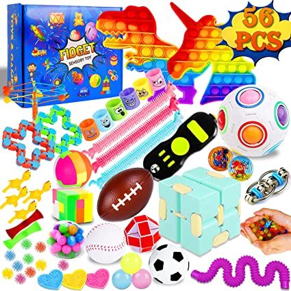 Photo 1 of (56 Pack) Fidget Sensory Toy Box Set Two Pop Popper Small Mini Bulk Party Favor Stocking Stuff Prize Anxiety Autism Stress Bubble Game Special Need Classroom Gifts for Girls Boys Kids Adults

