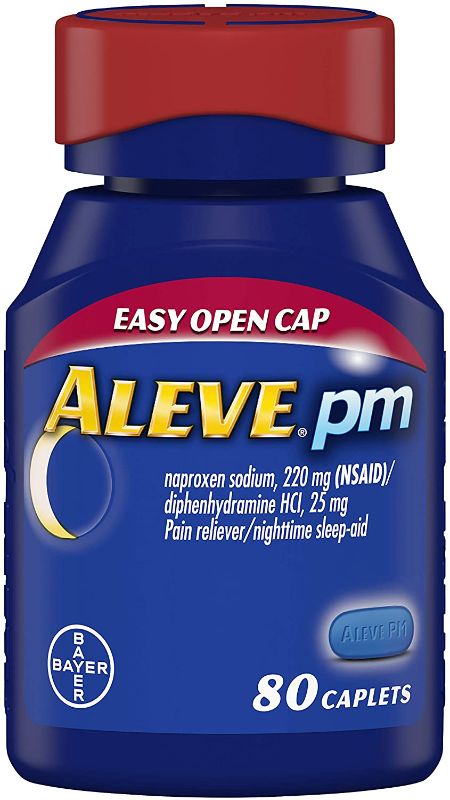 Photo 1 of Aleve PM Caplets, Fast Acting Sleep Aid and Pain Relief for Headaches, Muscle Aches, Non-Habit Forming 220 mg Naproxen Sodium and 25 mg Diphenhydramine HCl Capsules, 80 count ( EXP: 11/2022)
