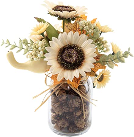Photo 1 of 9.5" Tall Cream Sunflowers in Pinecone Jar
