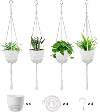 Photo 1 of 4 Pack Macrame Plant Hanger(7 Inch Plastic Planters Included), MOHENA Self Watering Hanging Planters Indoor with Pot, Hanging Plant Pot Holder for Outdoor Ceiling Window Herb Orchid, White
