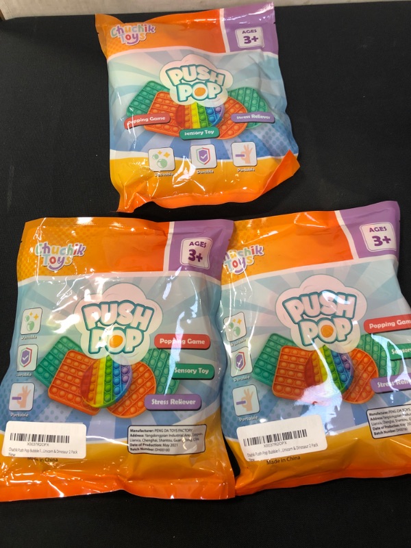Photo 2 of Chuchik Push Pop Bubble Fidget Sensory Toy – Premium BPA Free Silicone Poppet Fidget Toy Rainbow Unicorn & Dinosaur 2  Per Pack. 3 Packs