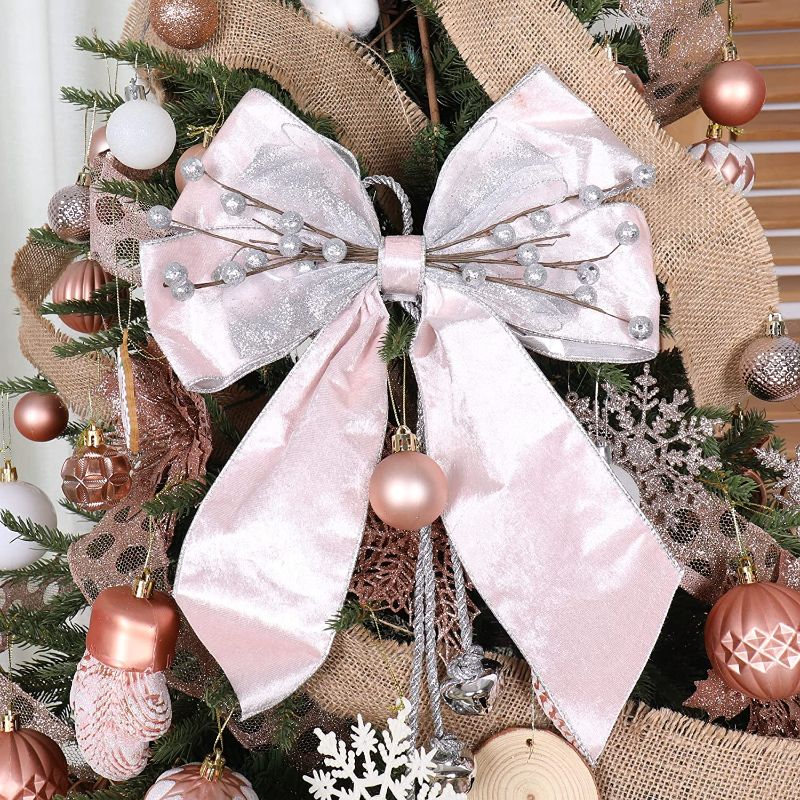 Photo 1 of Christmas Tree Topper with Jingle Bells, Ribbon Bow Topper for Tree ,Xmas Ornaments for Holiday Decor, Great Gift Christmas Decoration,12x14 Inches, Rose Gold
