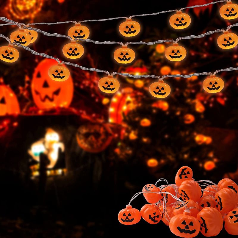 Photo 4 of Monyus Halloween Pumpkin String Lights, 14.7ft 30 One Orange Pumpkin Lights, Holiday Lights for Outdoor Halloween Decor, 2 Modes Steady/Flickering Lights for Outdoor Indoor Party Halloween Decoration
