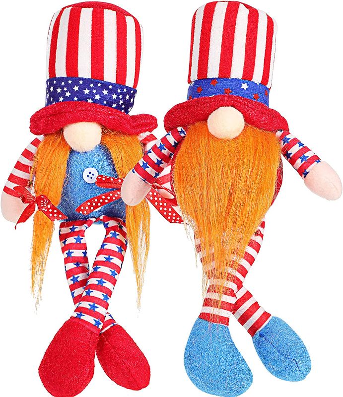Photo 2 of 2 Pieces American Independence Day Gnome Ornament Lighted 4th of July Gnomes Patriotic Veterans Day Gnomes Decorations President Election Decoration Tomte Memorial Day Dolls for Home
