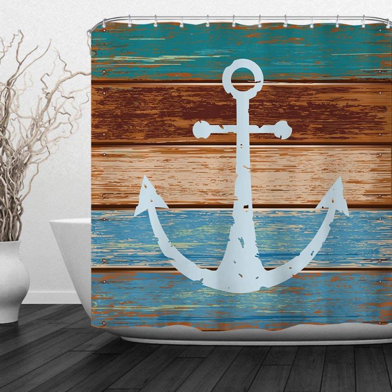 Photo 2 of AlanRoye Shower Curtain Set with Hooks Retro Anchor on Wood Board Vintage Nautical Anchor Blue Brown Color Bathroom Decor Polyester Fabric Bathroom Accessories Bath Curtain 72 x 72 inches
